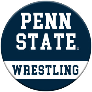 round navy and white button with Penn State Wrestling